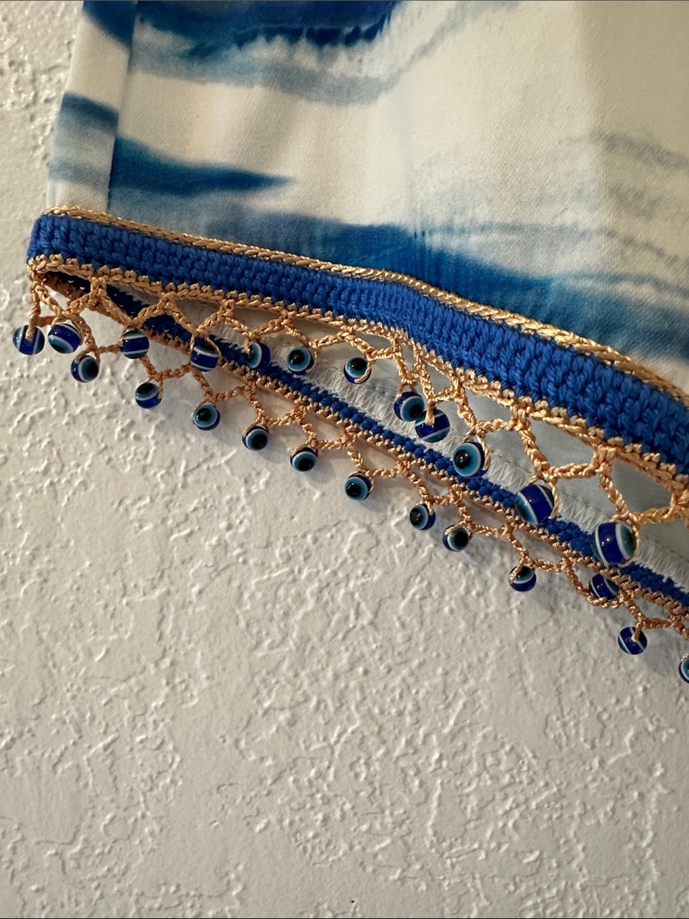 High-Waist Blue Wave Print Women's Shorts with Beaded Evil Eye Tassel Hem - Picture 3 of 10
